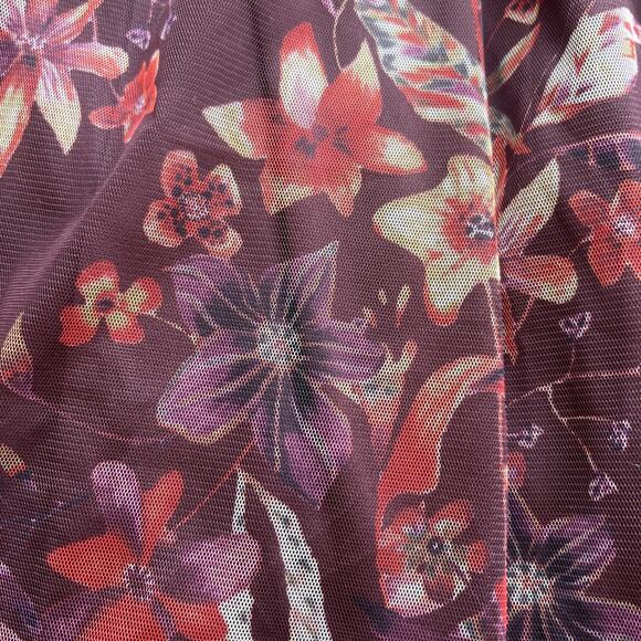 Candalite Midi Dress Womens Medium Burgundy Floral Mesh Overlay Sheer Sleeves - Picture 10 of 11